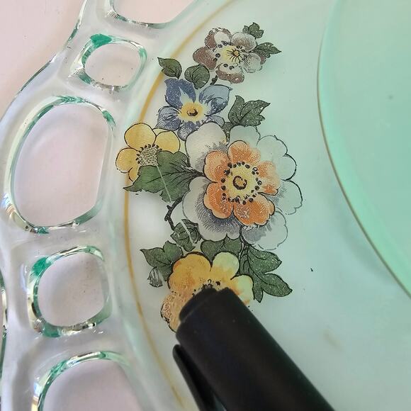 Lancaster Glass Footed Plate Green Satin Glass Open Lace Reverse Painted Floral - Picture 10 of 12